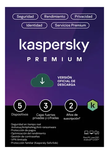 kaspersky PREMIUM  / 5 dispositivos +  3 KPM / 2 años / base