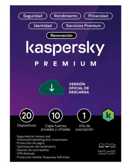 kaspersky PREMIUM / 20 dispositivos + 10 KPM / 1 año / Renovación