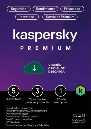 kaspersky PREMIUM / 5 dispositivos + 3 KPM / 1 año / Renovación