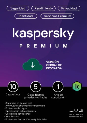 kaspersky PREMIUM  / 10 dispositivos + 5 KPM / 1 año / base
